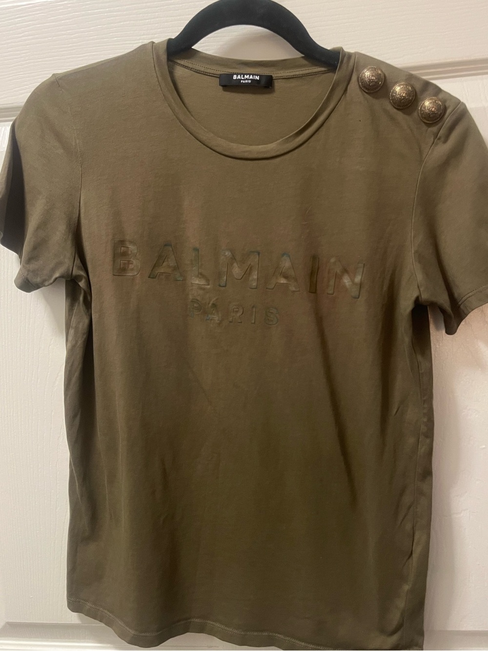 Balmain Paris XS Olive Logo T-Shirt Gold Button Shoulder Cotton Made Portugal